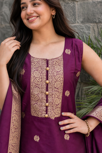 Women Wine Banarasi Silk Sleeveless Paithani Suit | Peacock Zari Work Straight Kurta Pant Dupatta Set ATL1001