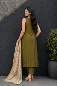 Women Mehandi Roman Silk Sleeveless Kurta Set with Two Side Embroidery & Printed Dupatta 151-314