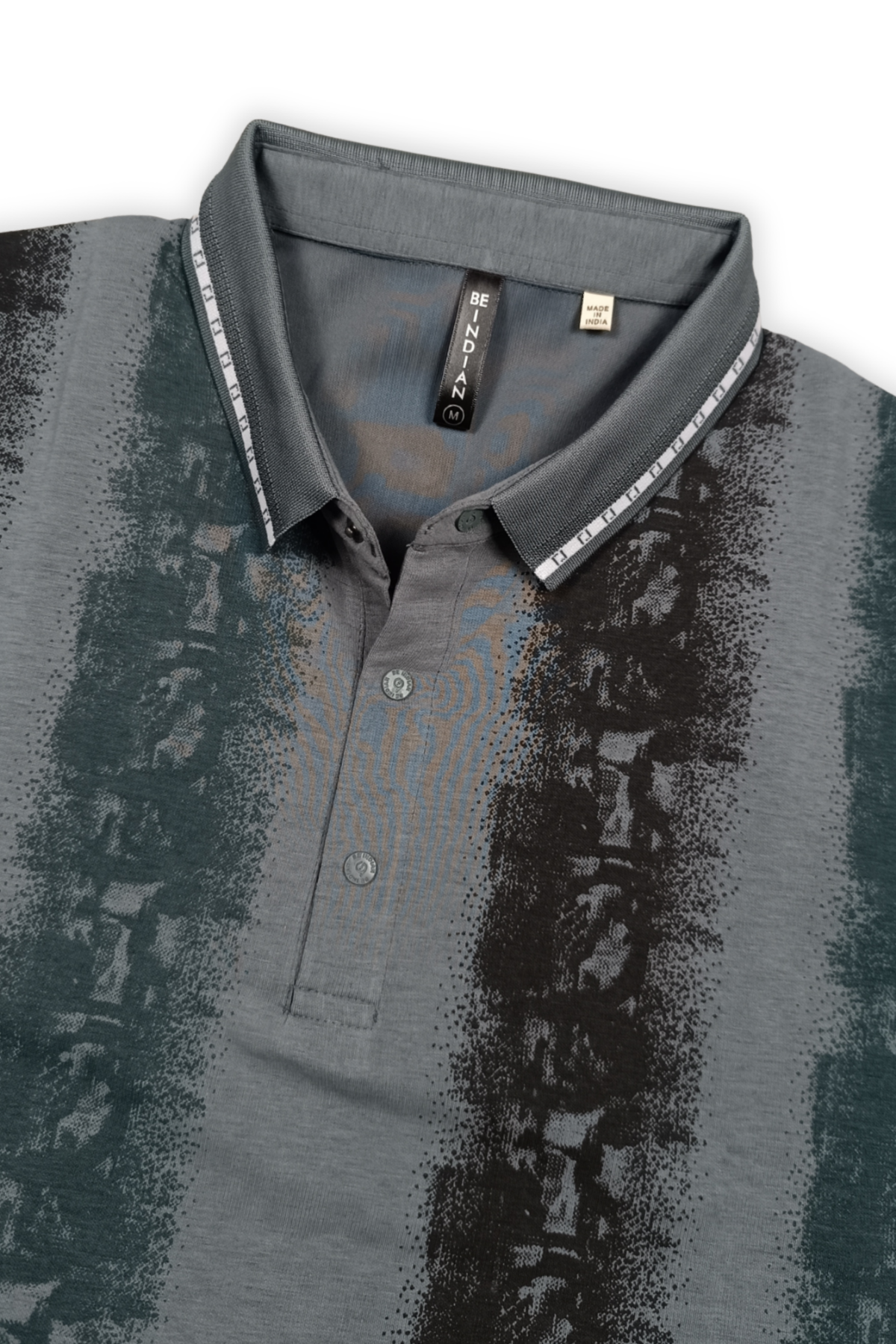 Men Black & Dark Pista Printed Tipped Collar Polo T-Shirt With Snap Buttons ATL86624