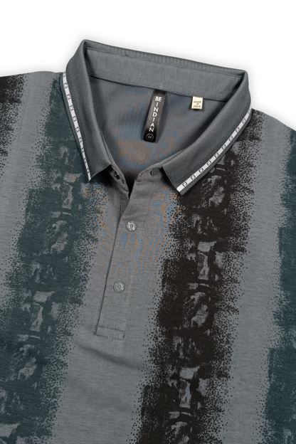 Men Black & Dark Pista Printed Tipped Collar Polo T-Shirt With Snap Buttons ATL86624