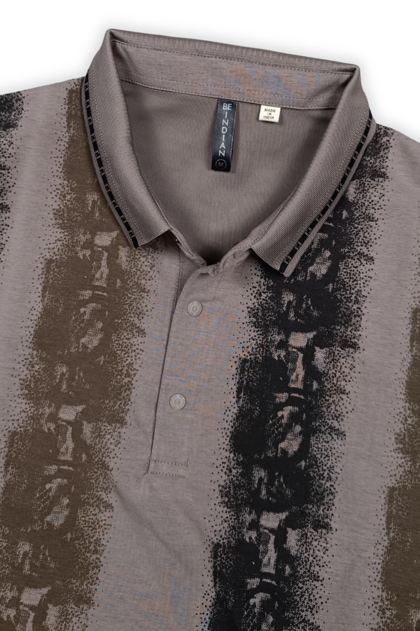 Men Black & Grey Printed Tipped Collar Polo T-Shirt With Snap Buttons ATL86624