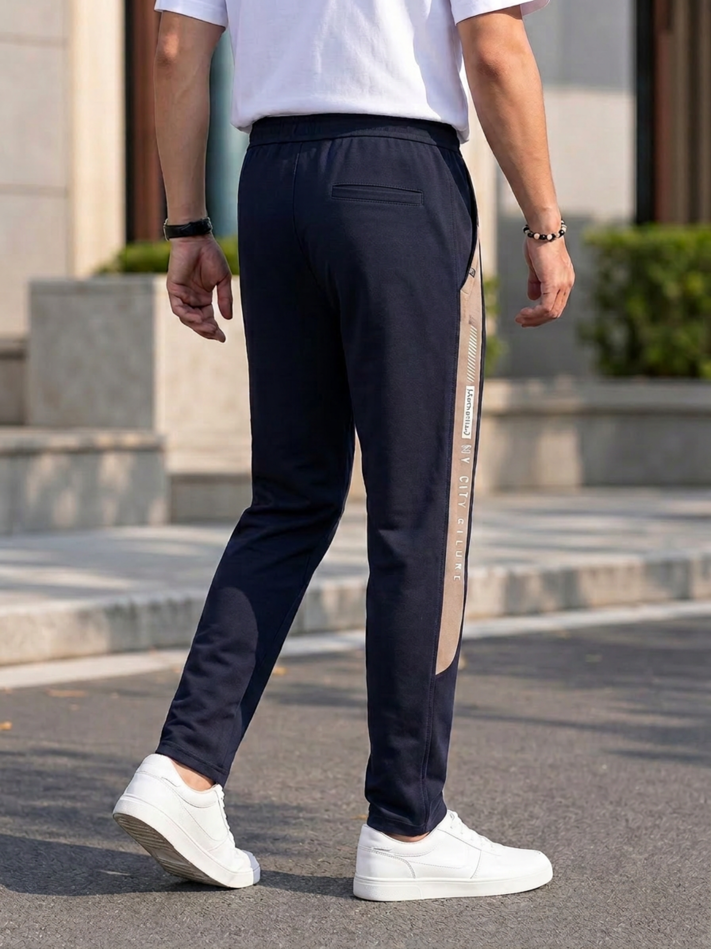 Men Casual & Gym Wear Track Pants – Navy Blue Slim Fit with Side Zipper 106