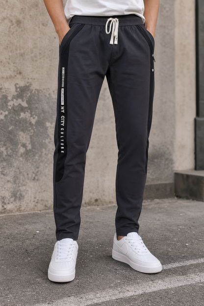 Men Casual & Gym Wear Track Pants – Dark Grey Slim Fit with Side Zipper 106