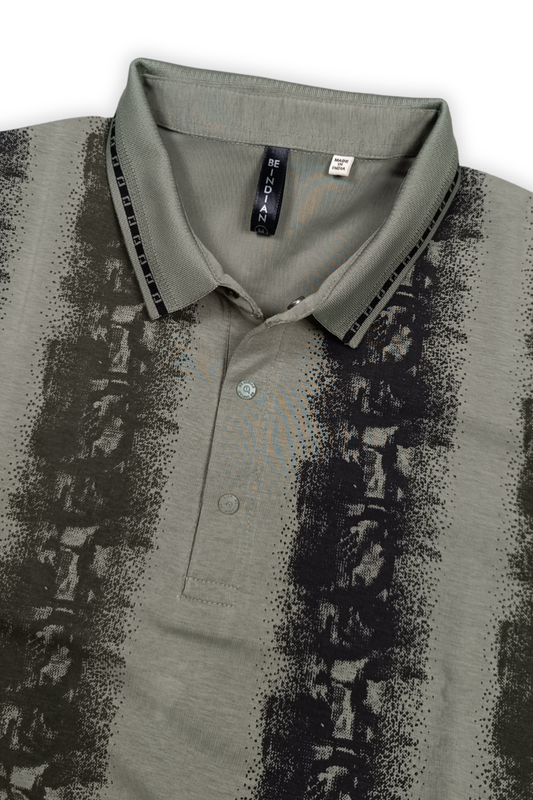 Men Black & Pista Printed Tipped Collar Polo T-Shirt With Snap Buttons ATL86624