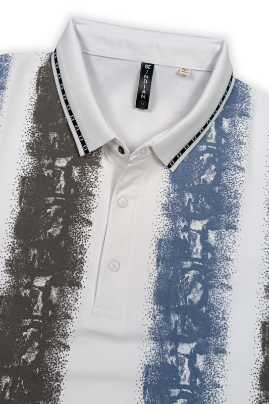 Men Blue & White Printed Tipped Collar Polo T-Shirt With Snap Buttons ATL86624
