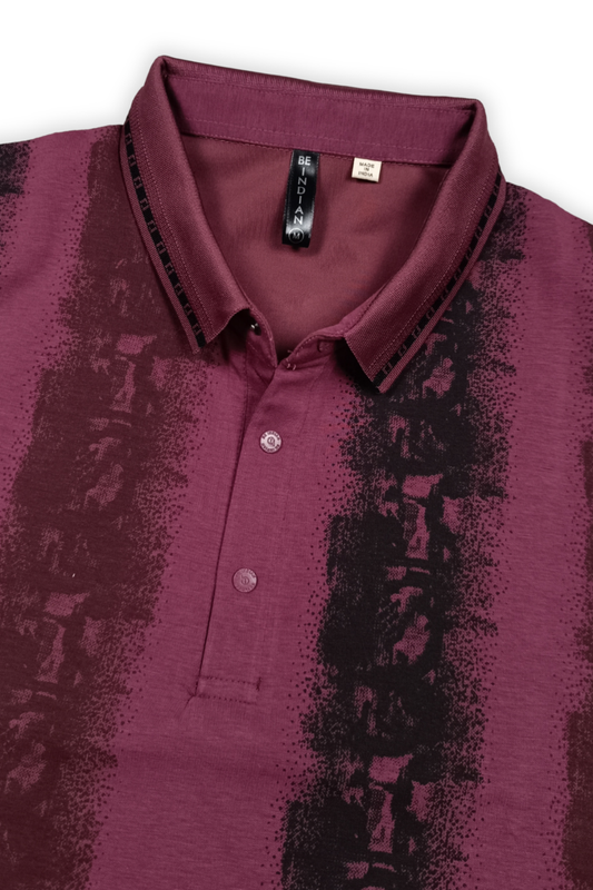 Men Black & Wine Printed Tipped Collar Polo T-Shirt With Snap Buttons ATL86624
