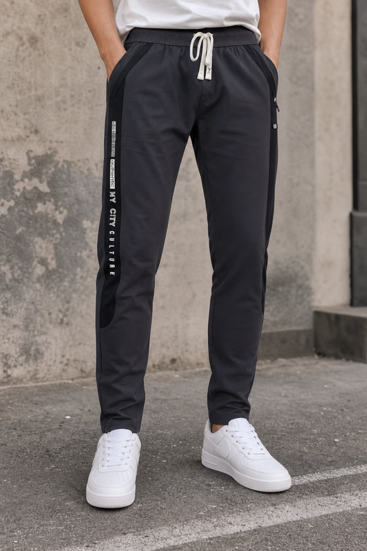 Men Casual & Gym Wear Track Pants – Dark Grey Slim Fit with Side Zipper