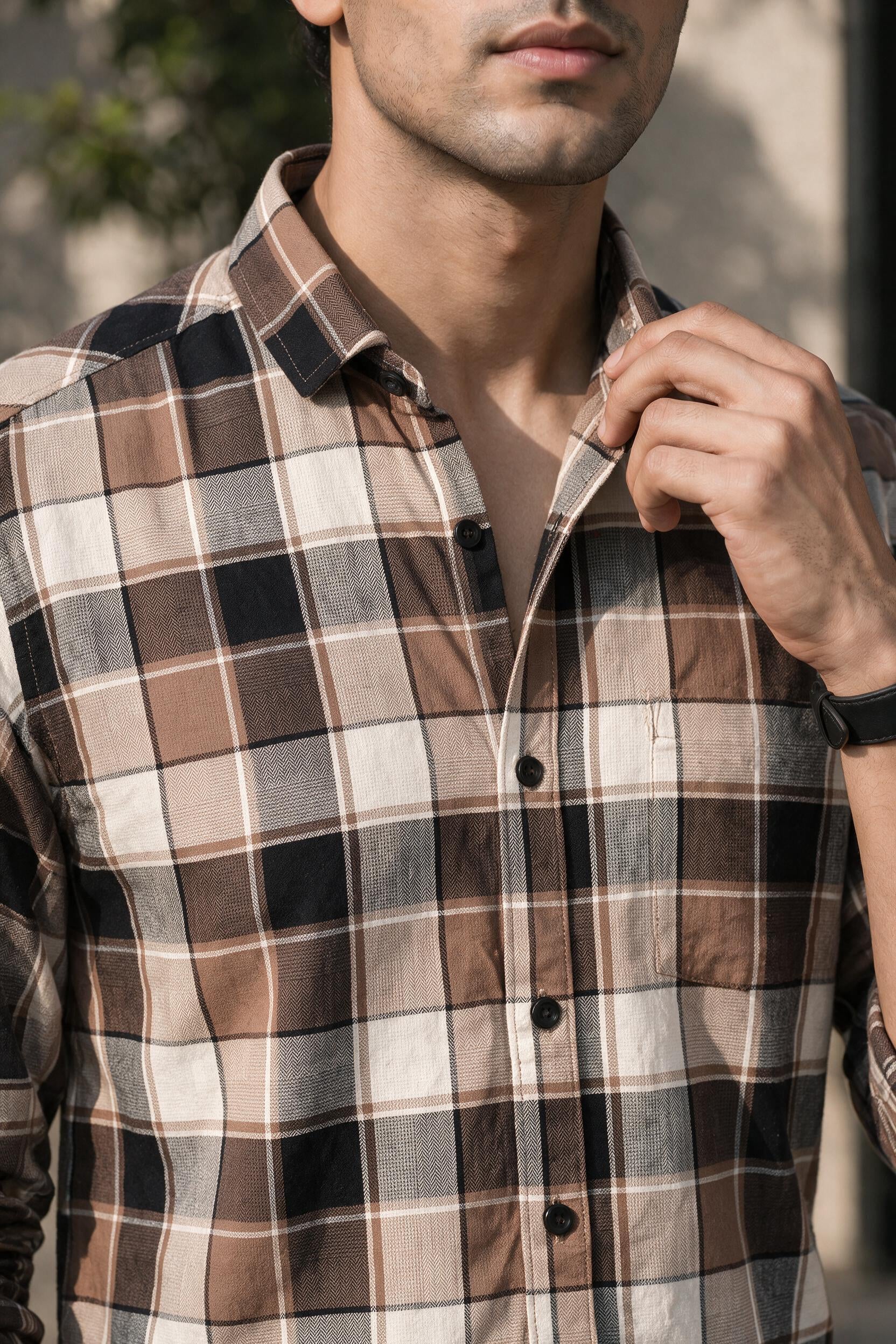 Men Stylish Coffee Tartan Shirt | Trendy Casual Wear Full Sleeve PRA-56800