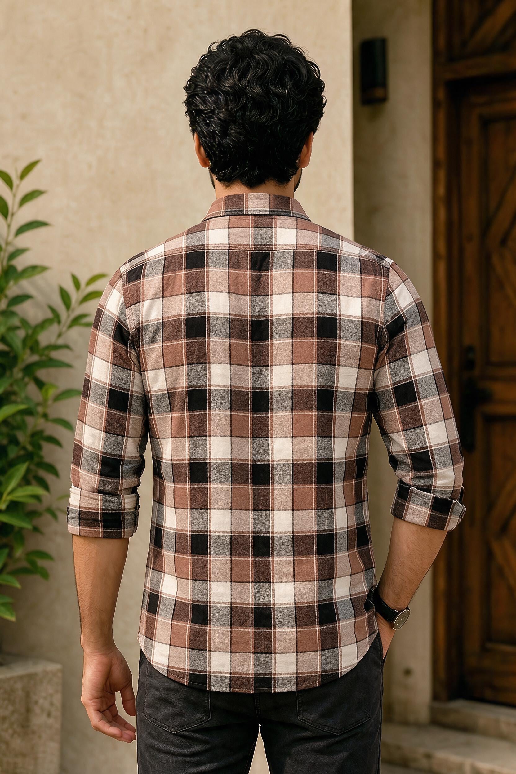 Men Stylish Coffee Tartan Shirt | Trendy Casual Wear Full Sleeve PRA-56800