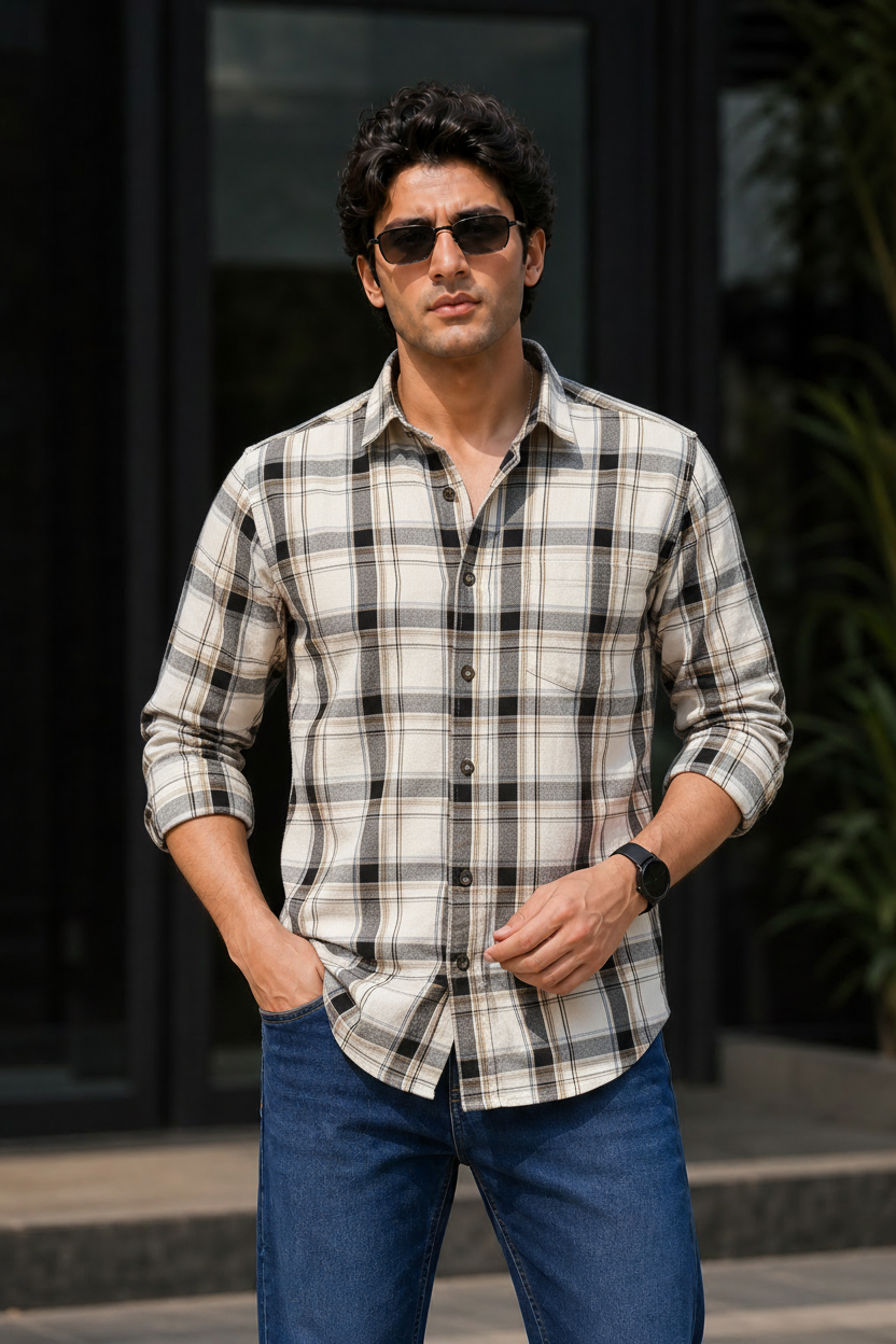 Men Off White Plaid Shirt | Black Grey Checks Full Sleeve KEV-597