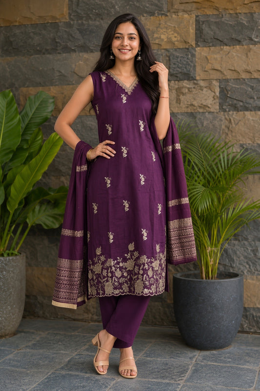 Women Wine Embroidered V-Neck Kurti & Pant Dupatta Set 151-314