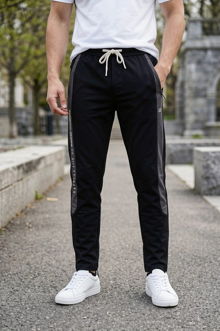 Men Casual & Gym Wear Track Pants – Black Slim Fit with Side Zipper 106