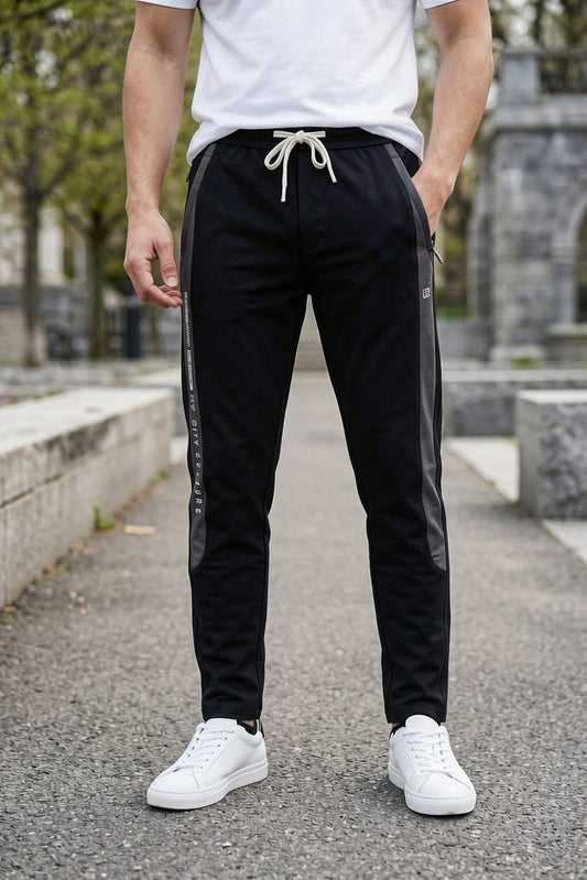 Men Casual & Gym Wear Track Pants – Black Slim Fit with Side Zipper
