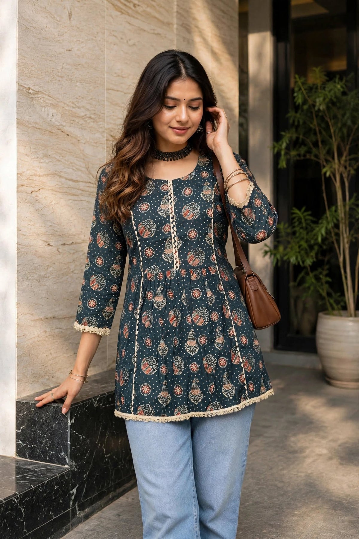 Women Blue Floral Printed Short Kurti 3/4 Sleeves - with Lace Border ATL1265
