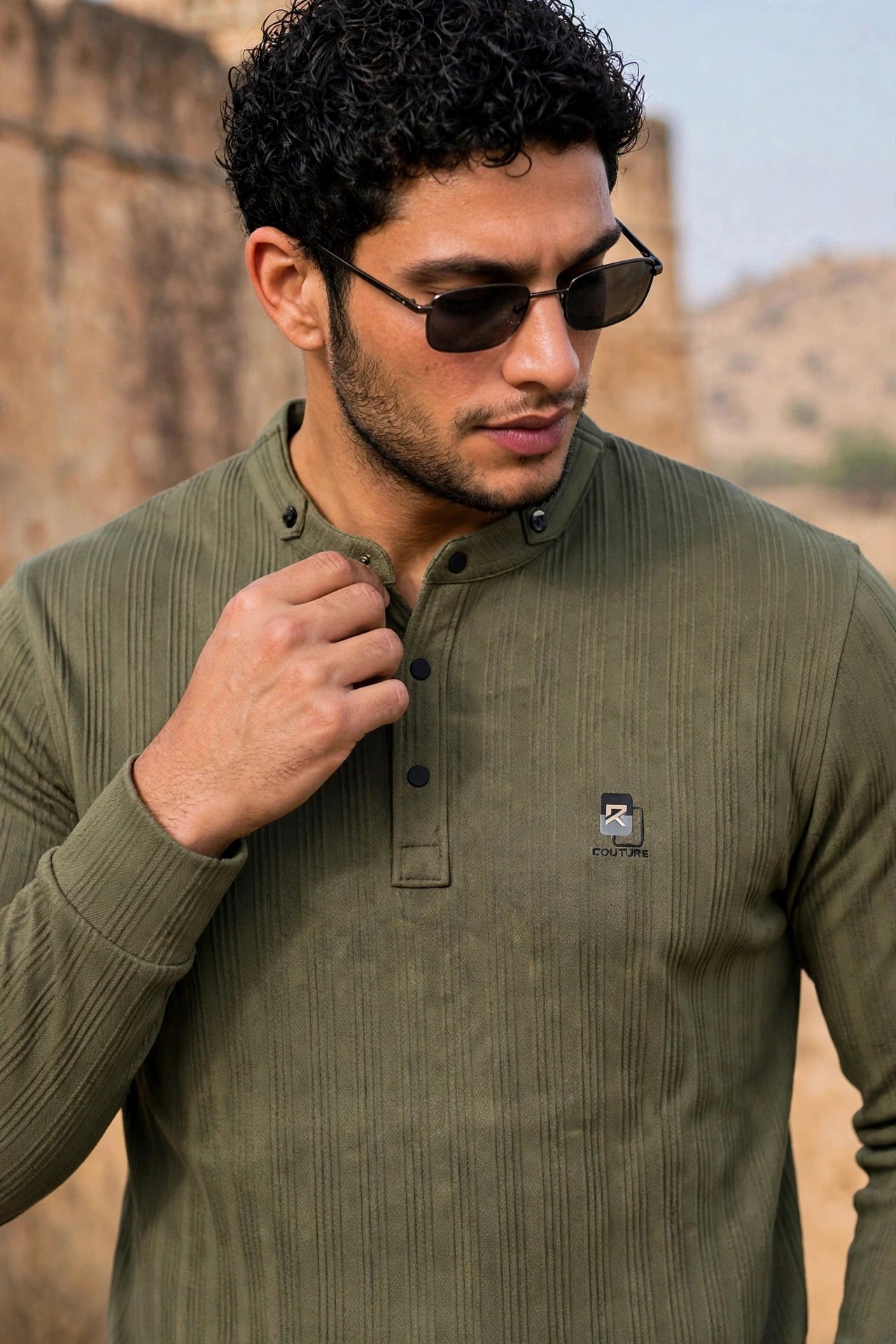 Men Olive Textured Ribbed Henley T-Shirt | Long Sleeve Mandarin Collar ATL6503