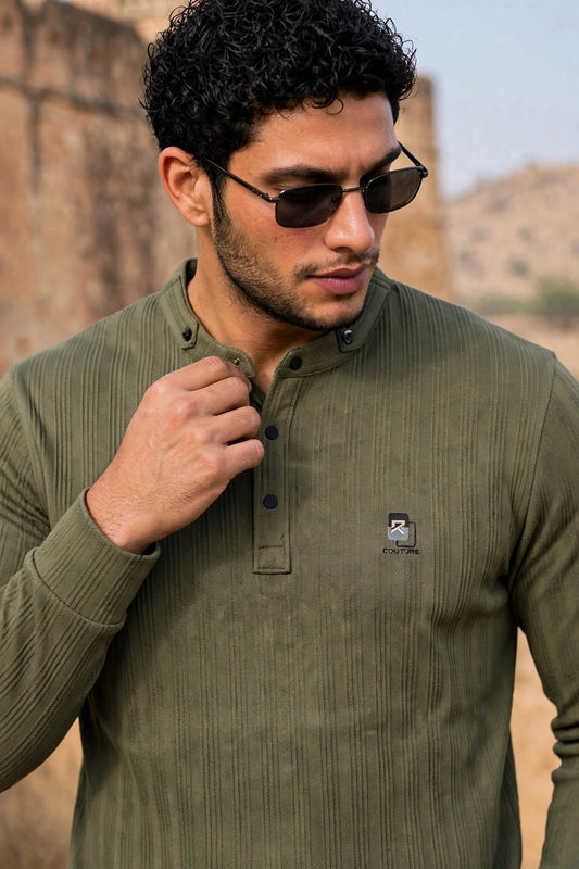 Men Olive Textured Ribbed Henley T-Shirt | Long Sleeve Mandarin Collar ATL6503