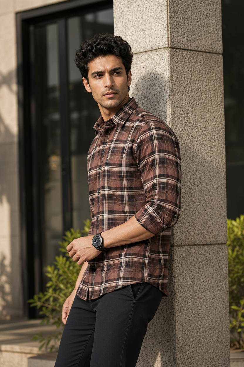 Men Coffee Checks Shirt | Casual Wear KEV-597