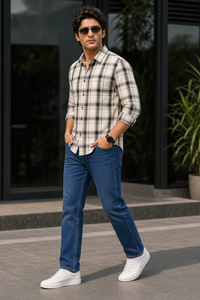 Men Off White Plaid Shirt | Black Grey Checks Full Sleeve KEV-597