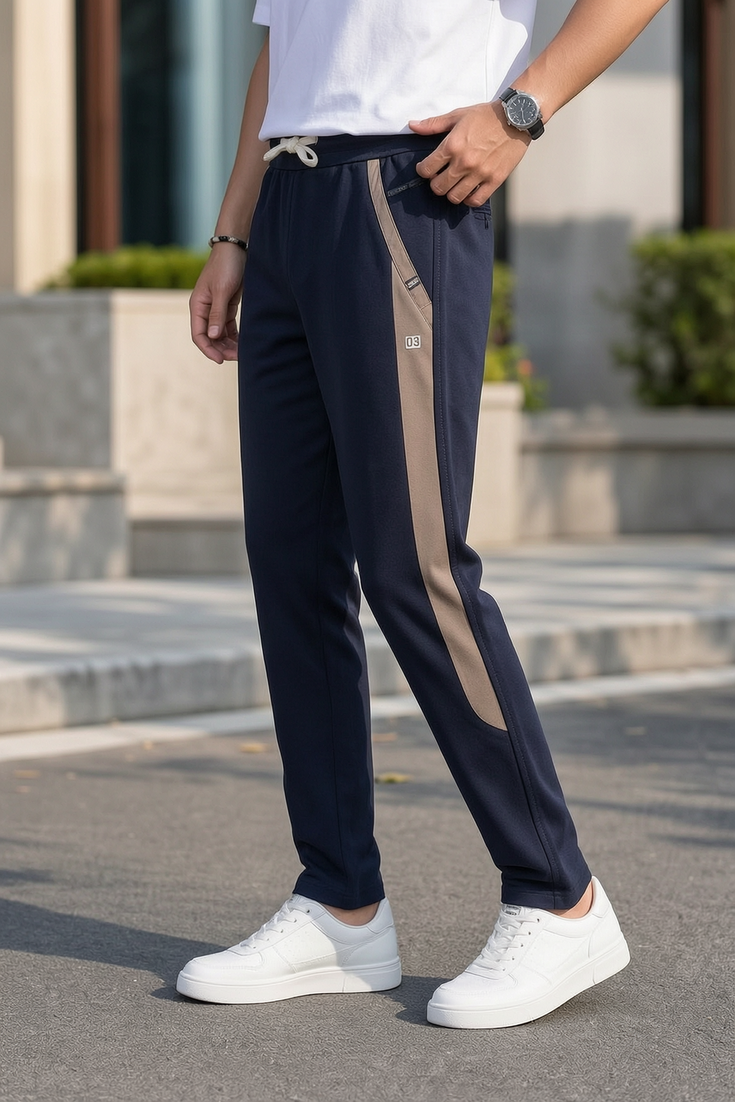 Men Casual & Gym Wear Track Pants – Navy Blue Slim Fit with Side Zipper 106