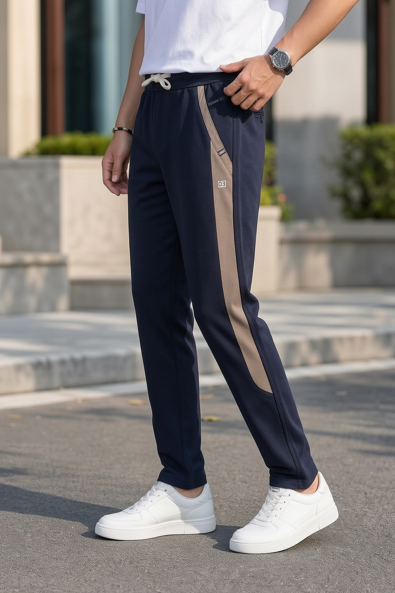 Men Casual & Gym Wear Track Pants – Navy Blue Slim Fit with Side Zipper 106
