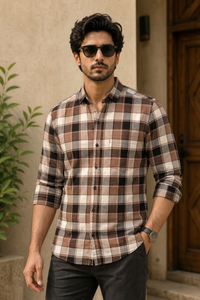 Men Stylish Coffee Tartan Shirt | Trendy Casual Wear Full Sleeve PRA-56800