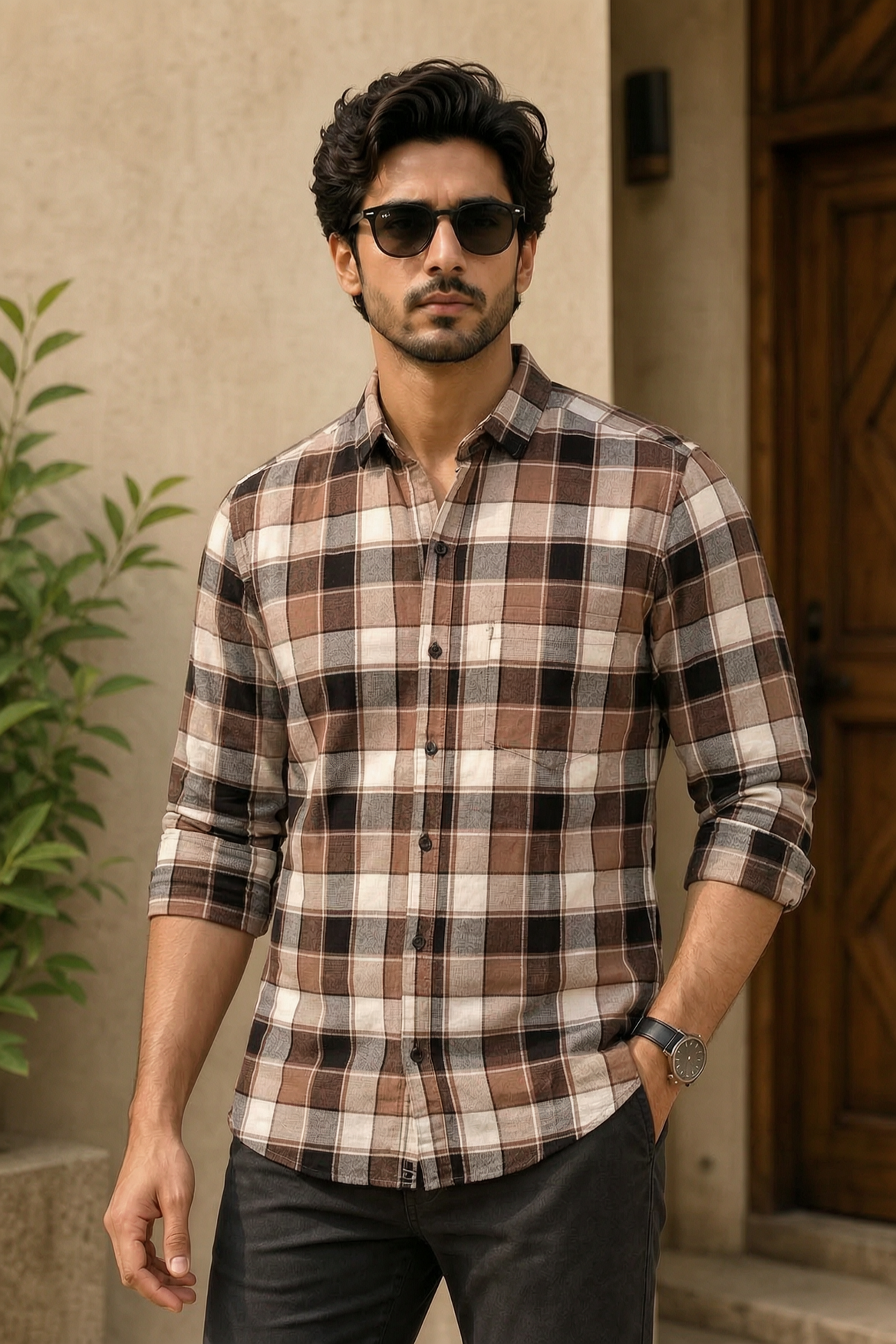Men Stylish Coffee Tartan Shirt | Trendy Casual Wear Full Sleeve PRA-56800