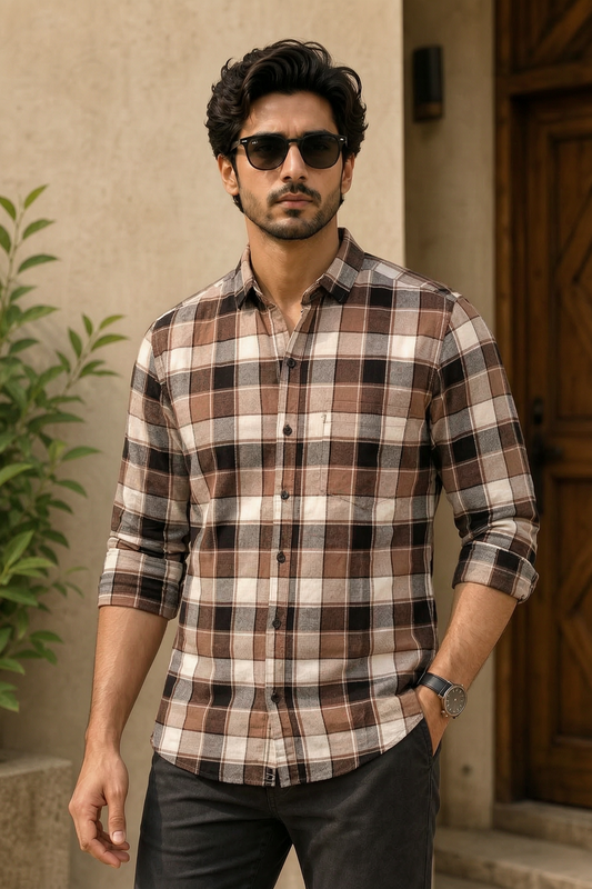 Men Stylish Coffee Tartan Shirt | Trendy Casual Wear Full Sleeve PRA-56800