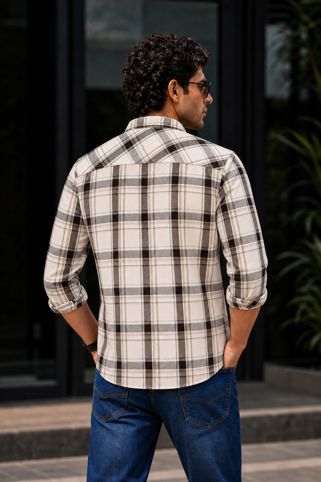 Men Off White Plaid Shirt | Black Grey Checks Full Sleeve KEV-597