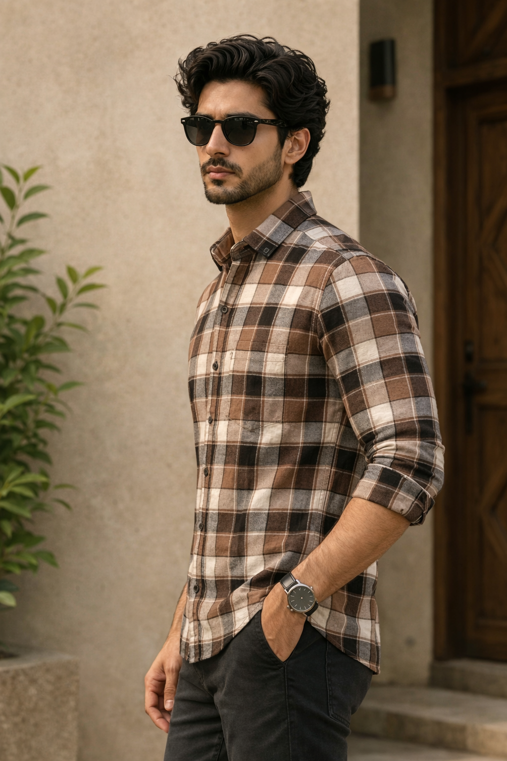 Men Stylish Coffee Tartan Shirt | Trendy Casual Wear Full Sleeve PRA-56800
