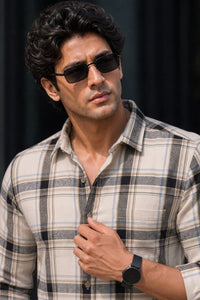 Men Off White Plaid Shirt | Black Grey Checks Full Sleeve KEV-597