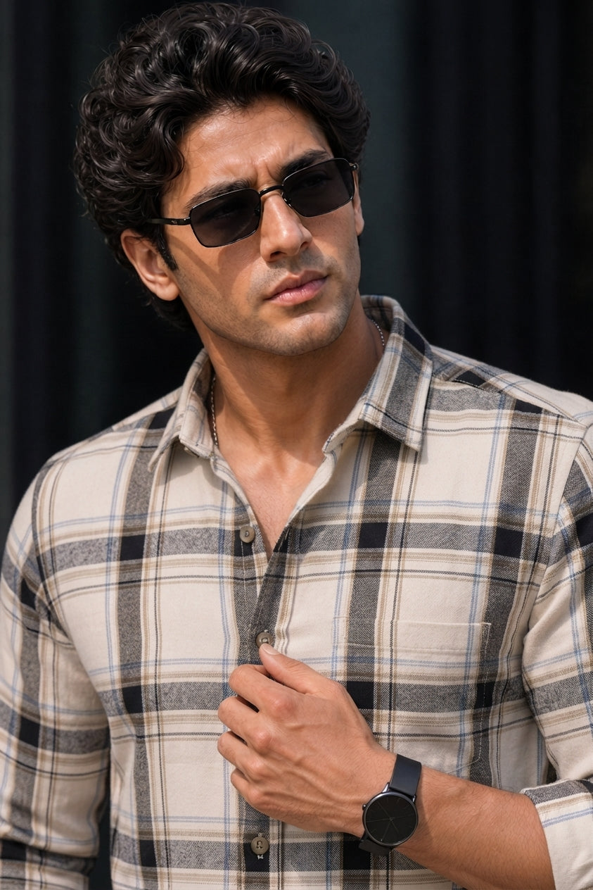 Men Off White Plaid Shirt | Black Grey Checks Full Sleeve KEV-597