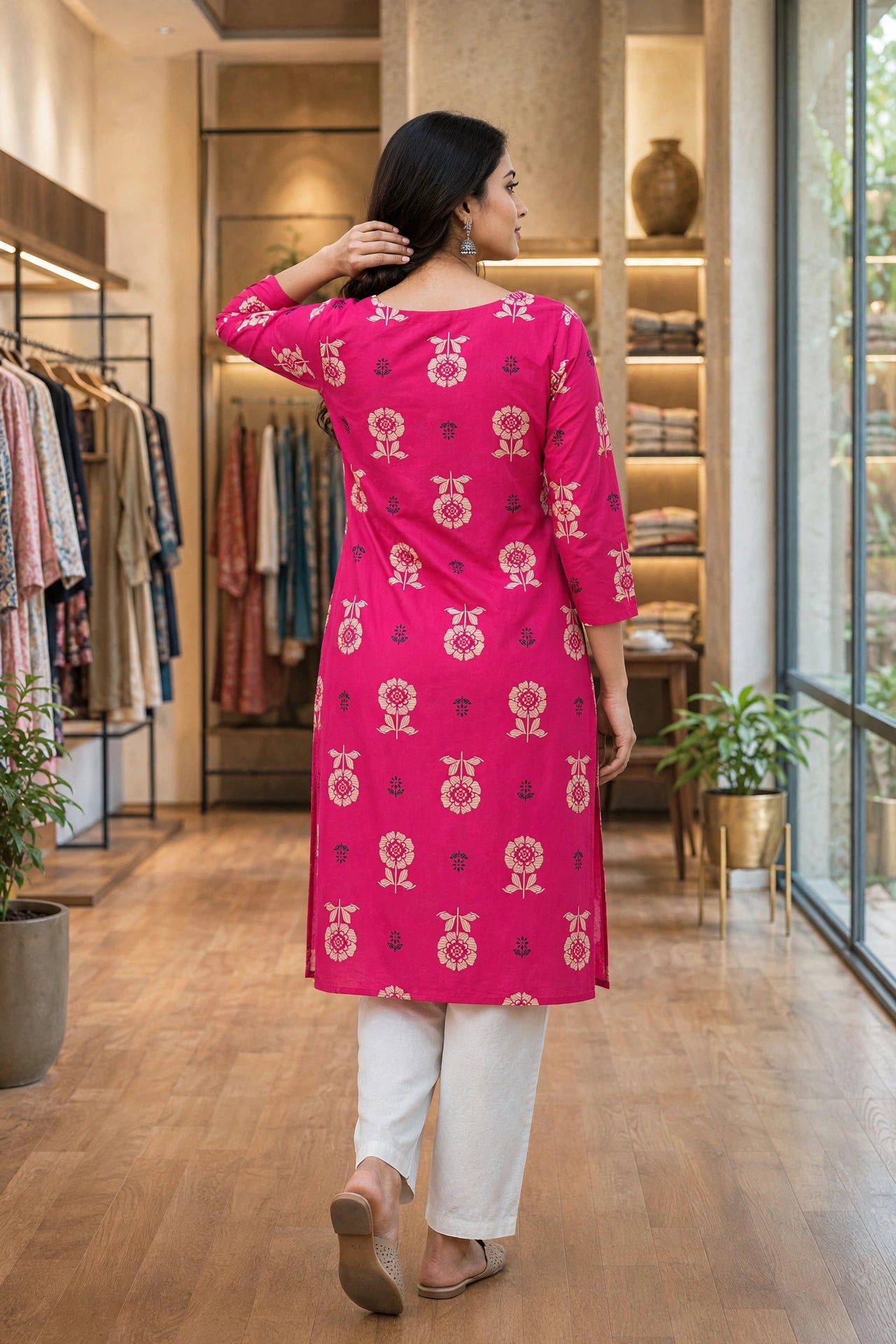 Women Pink Beige Floral Cotton Kurti - Back View