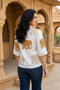 Women Mustard Elephant Printed Cotton Shirt - 3/4 Sleeves ATL8238