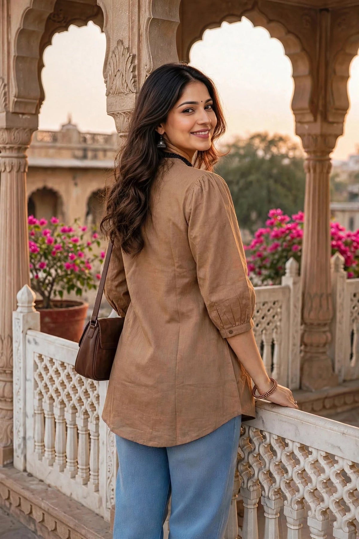Women Fawn White Embroidered Short Kurti - 3/4 Sleeves ATL9280