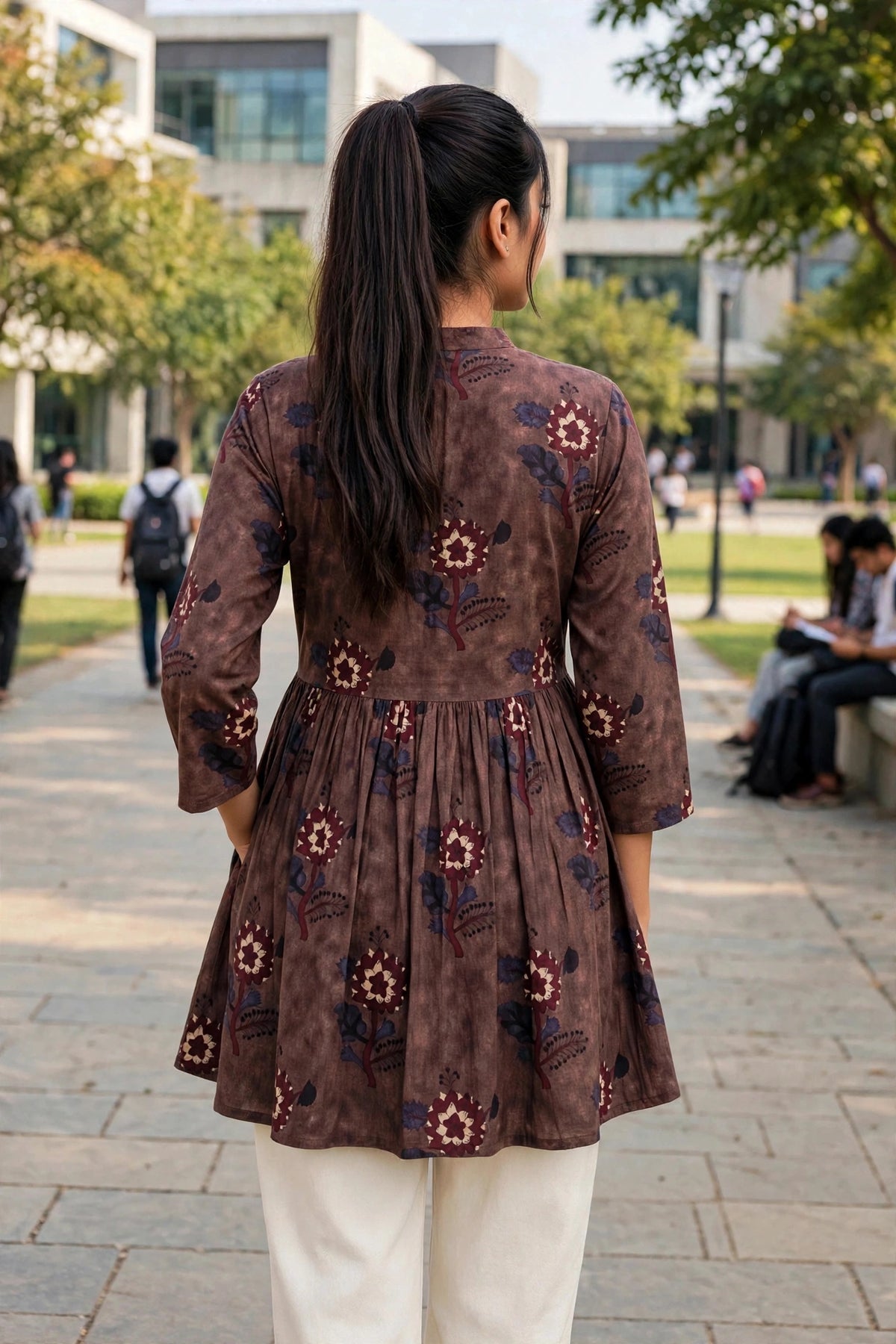 Women Brown Floral Cotton Short Frock Kurti - 3/4 Sleeves ATL5255