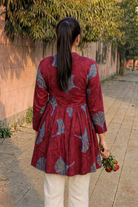 Women Maroon Floral Cotton Short Frock Kurti - 3/4 Sleeves ATL5255