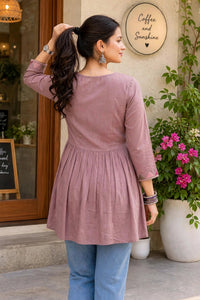 Women Onion Short Kurti - Embroidered Yoke - 3/4 Sleeve ATL5271