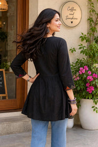 Women Black Short Kurti - Embroidered Yoke - 3/4 Sleeve ATL5271