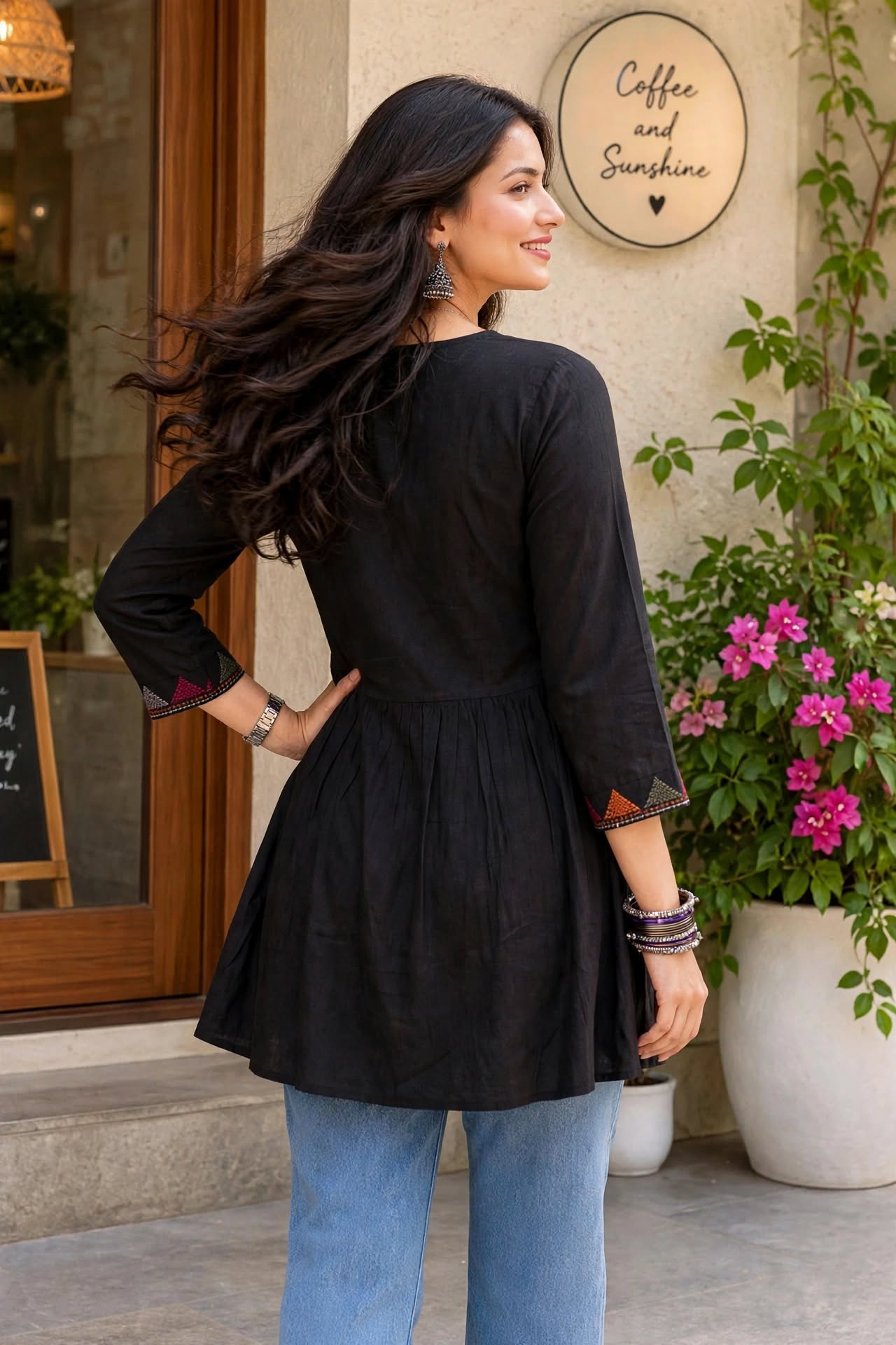 Women Black Short Kurti - Embroidered Yoke - 3/4 Sleeve ATL5271