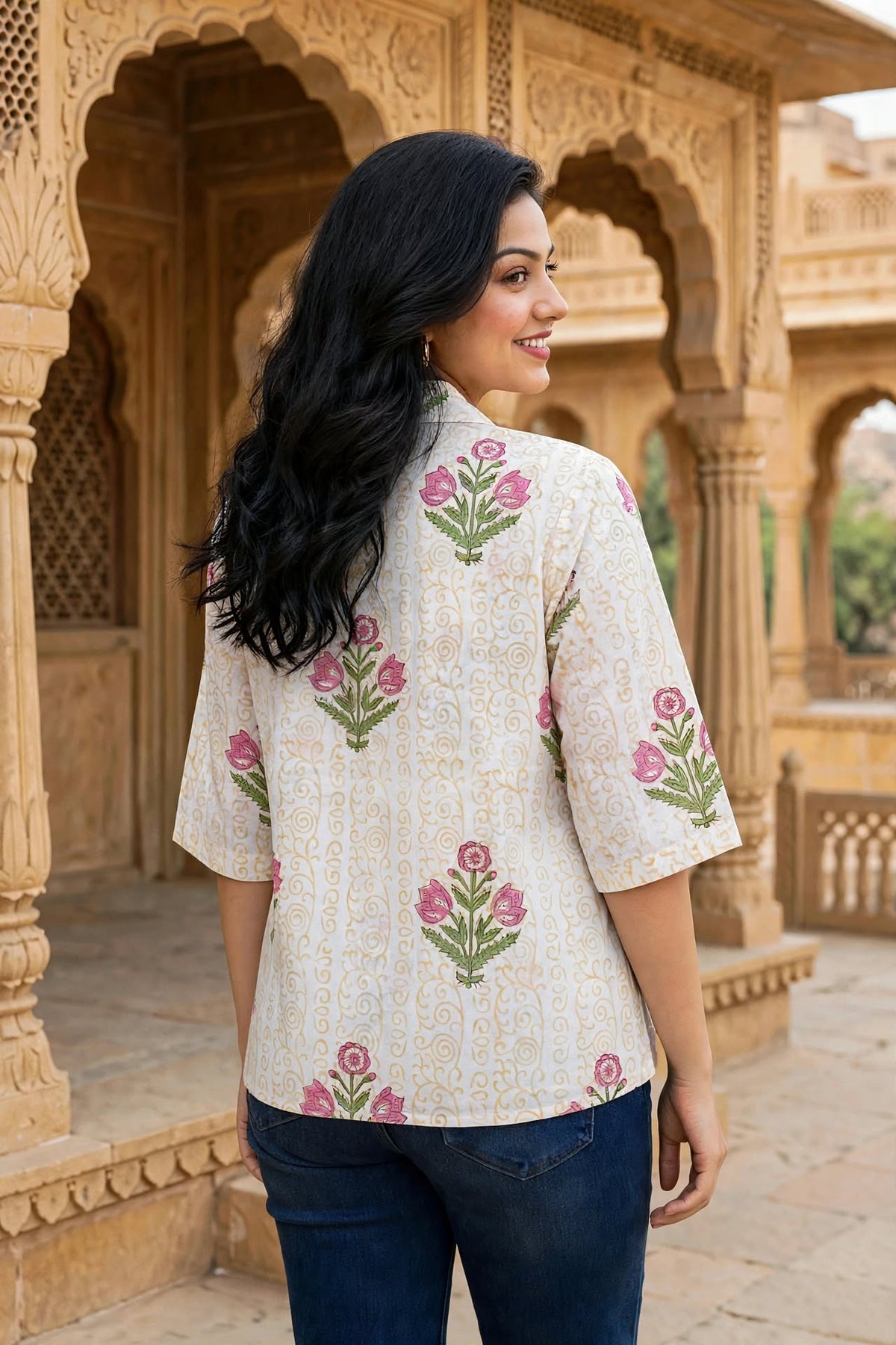 Women Yellow Elephant Printed Cotton Shirt - 3/4 Sleeves ATL8238