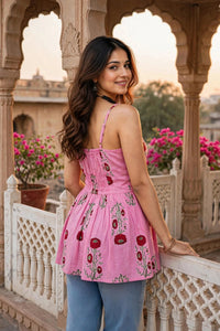 Women Pink Floral Cotton Short Top - Sleeveless Peplum Kurti ATL2154