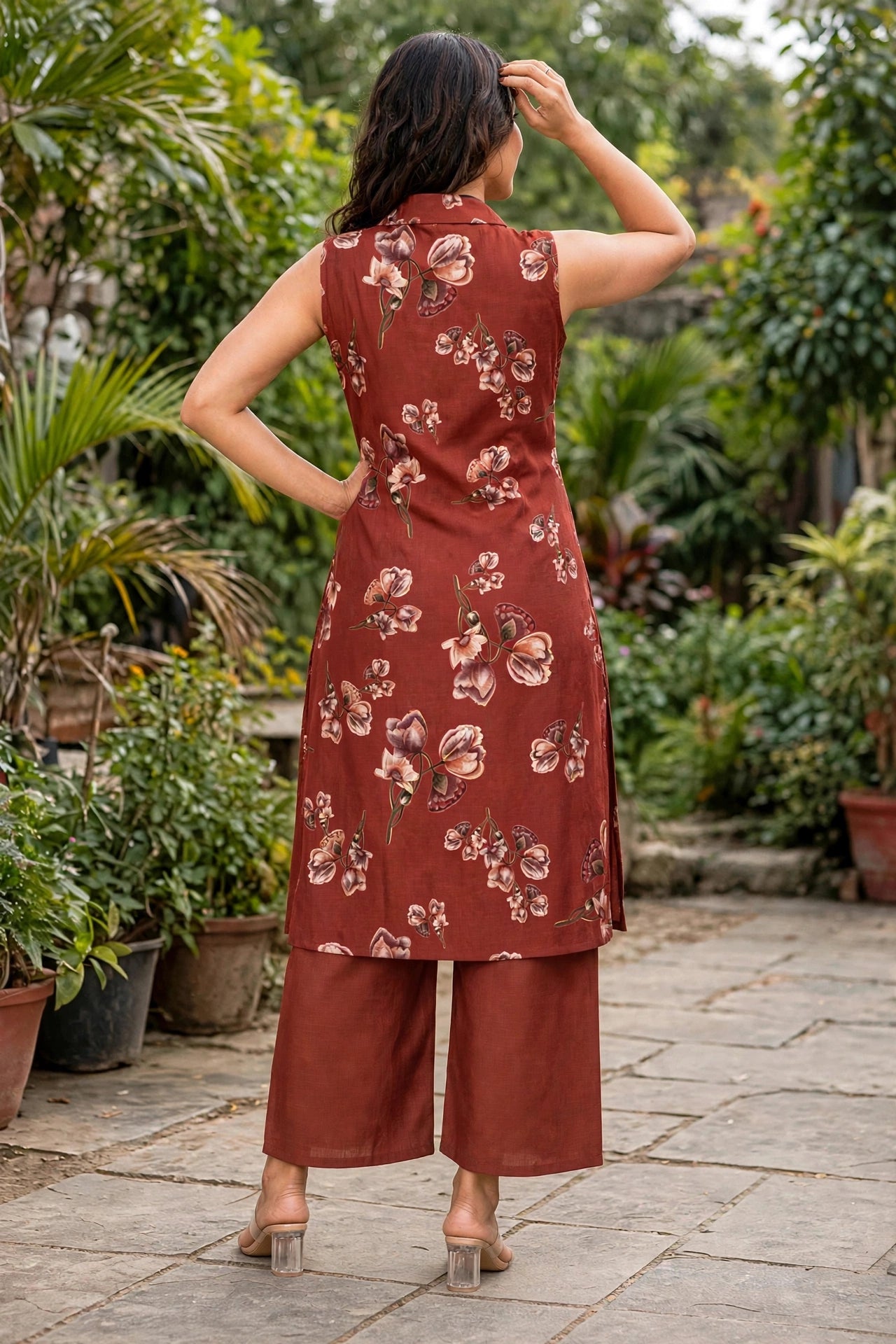 Women Rust Floral Printed Co-ord Set | Sleeveless Kurta & Plazo SHALINI-268