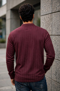 Men Wine Textured Ribbed Henley T-Shirt | Long Sleeve Mandarin Collar ATL6503