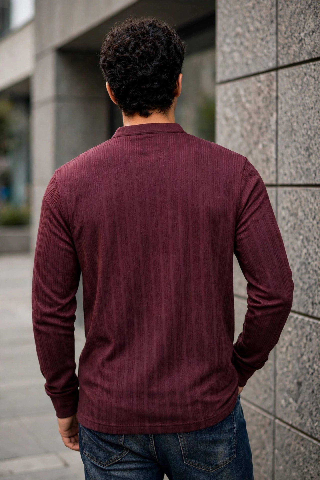 Men Wine Textured Ribbed Henley T-Shirt | Long Sleeve Mandarin Collar ATL6503