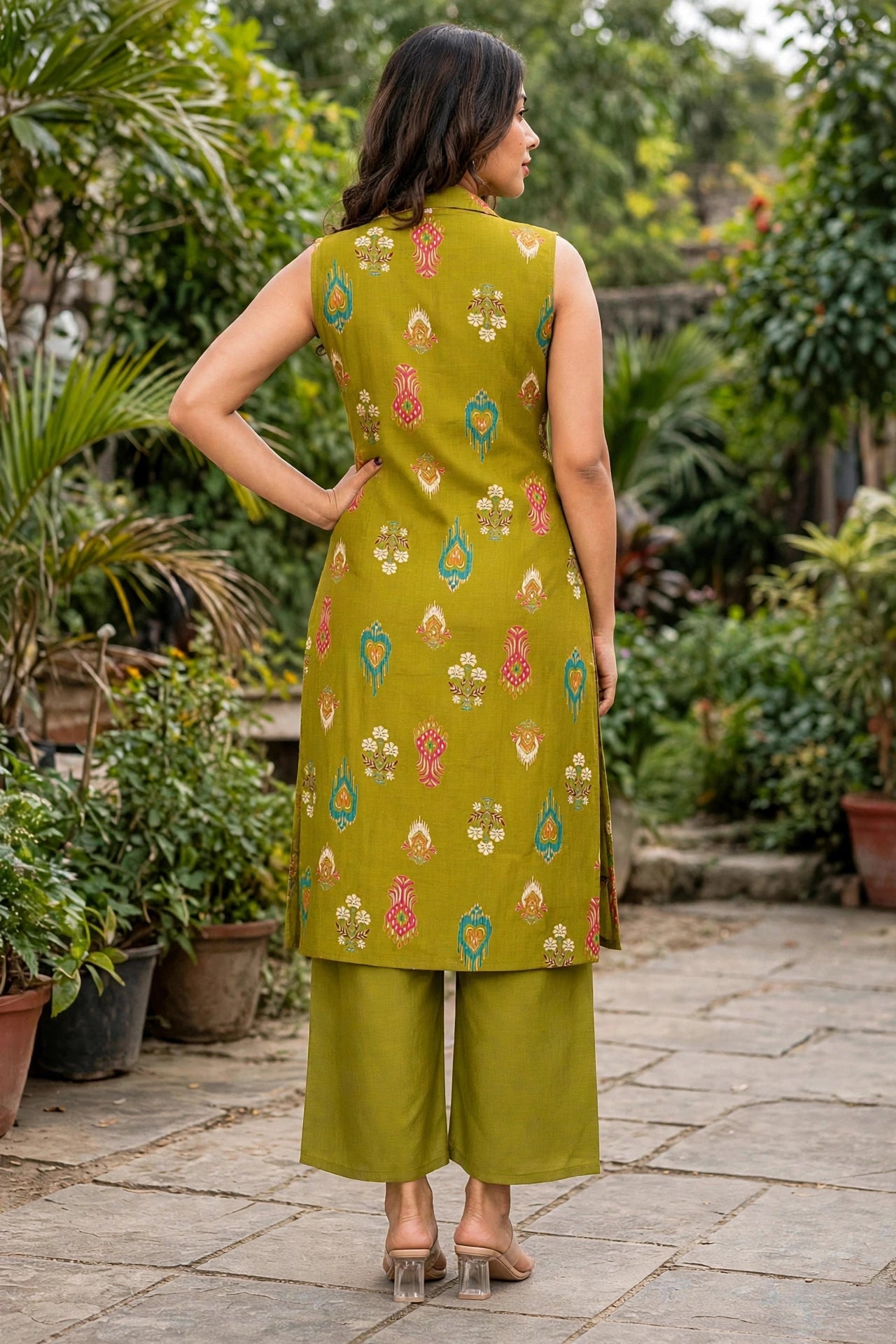 Women Teal Green Ikat Printed Sleeveless Kurta & Plazo Coord Set SHALINI-282