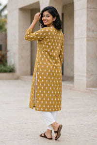 Women Mustard Yellow Cotton Kurti - Back View