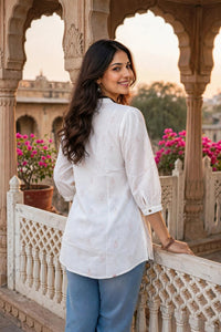 Women White Pink Embroidered Short Kurti - 3/4 Sleeves ATL9280