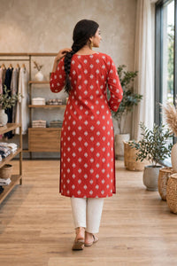 Women Rust Cotton Kurti - Back View
