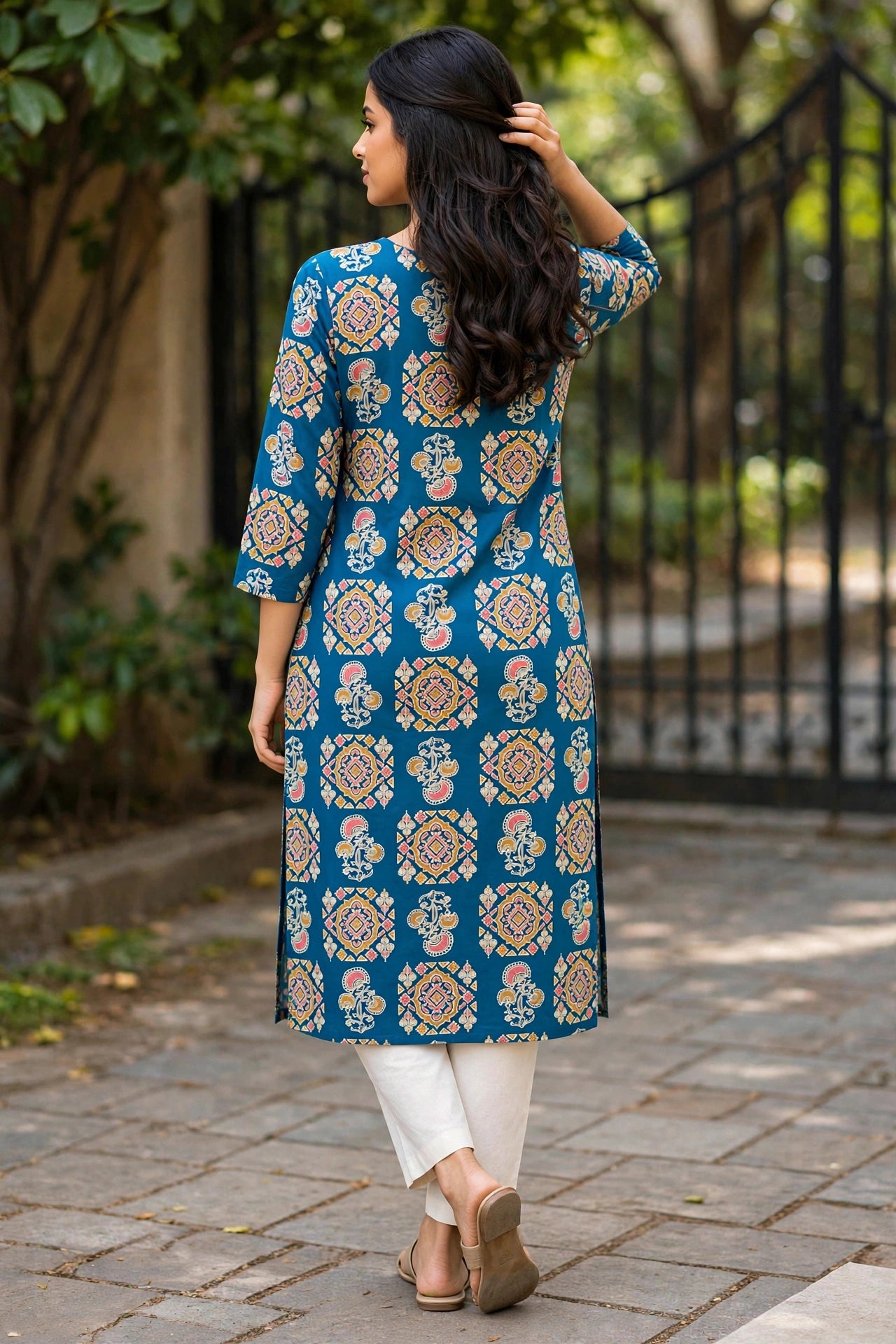Women Teal Blue Cotton Kurti with Mandala Ajrakh Block Print ATL101