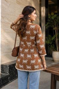 Women Brown Floral Printed Short Kurti 3/4 Sleeves - with Lace Border ATL1265